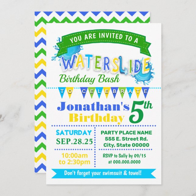 Invitation Fête d'anniversaire d'été de toboggans bleu vert (Devant / Derrière)