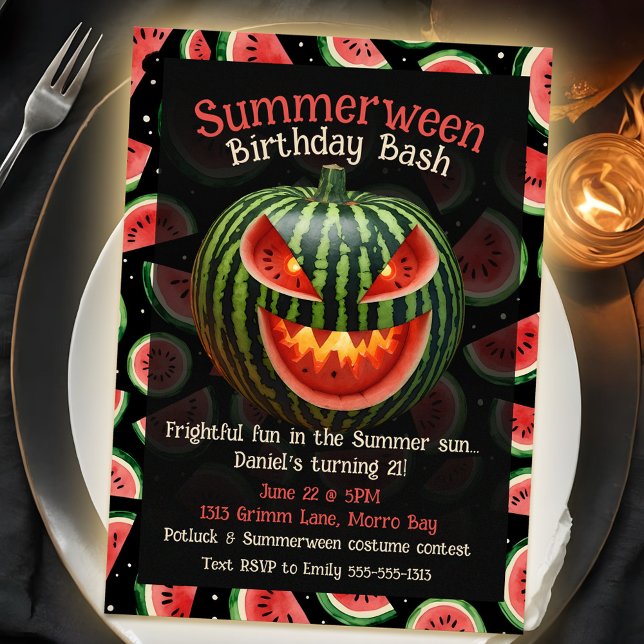 Invitation Fête d'anniversaire d'été Éffrayant Été Watermelon (Unique summer birthday party theme with summerween watermelon jack o lantern)