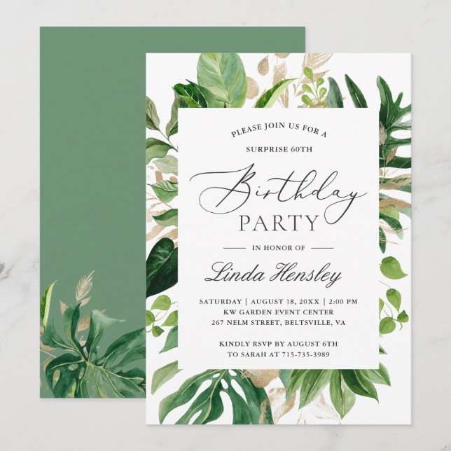 Invitation Fête d'anniversaire d'été Feuilles Tropicales Verd (Devant / Derrière)