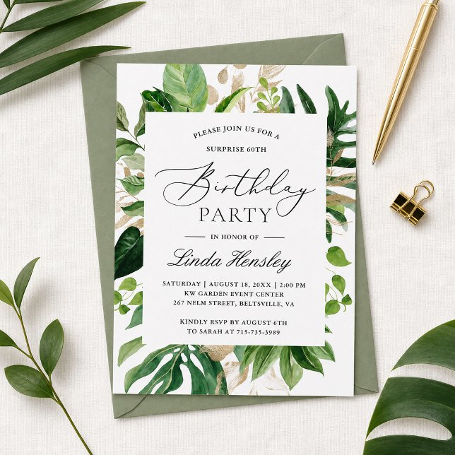 Invitation Fête d'anniversaire d'été Feuilles Tropicales Verd (Créateur téléchargé)