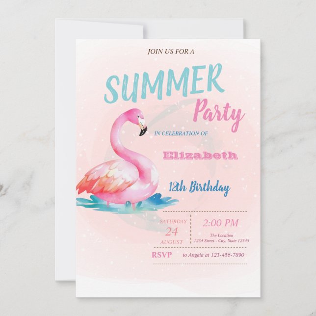 Invitation Fête d'anniversaire d'été Flamants roses mignons   (Devant)