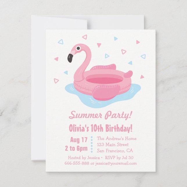 Invitation Fête d'anniversaire d'été Flamingo Rose Flottant P (Devant)
