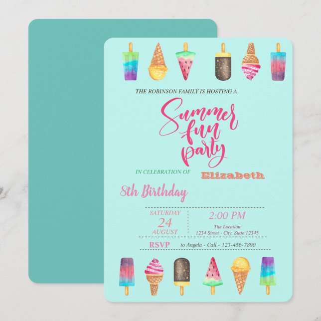 Invitation Fête d'anniversaire d'été Glaces (Devant / Derrière)