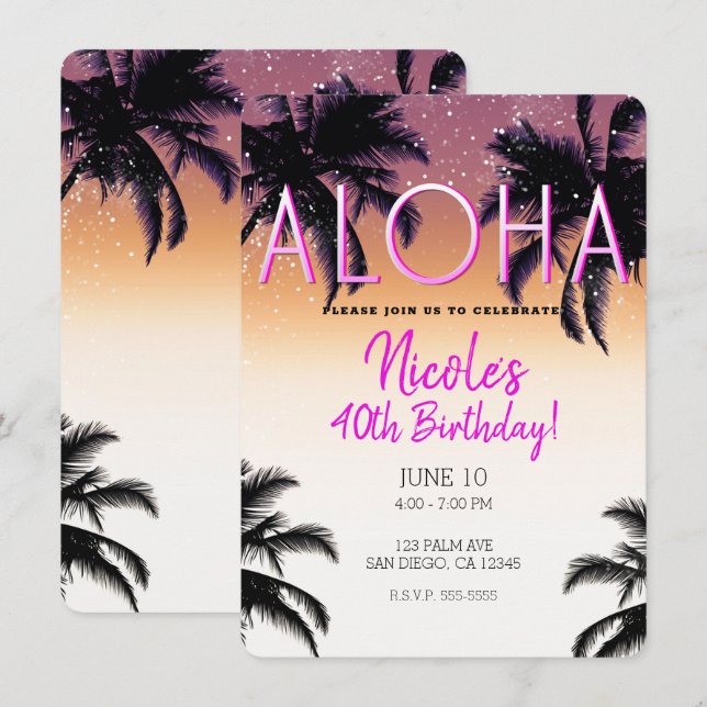 Invitation Fête d'anniversaire d'été Hawaïenne Aloha Hawaii Î (Devant / Derrière)