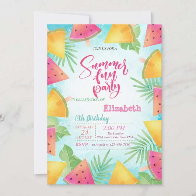 Invitation Fête d'anniversaire d'été Pastèque Feuilles de pal (Devant)