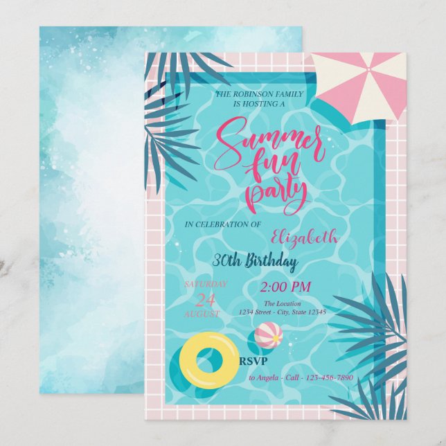 Invitation Fête d'anniversaire d'été piscine feuille de palmi (Devant / Derrière)