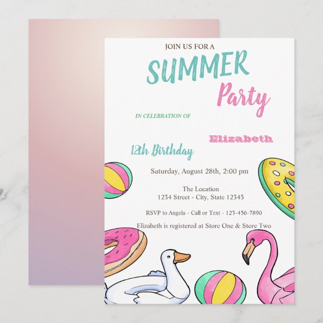 Invitation Fête d'anniversaire d'été Pool Party (Devant / Derrière)