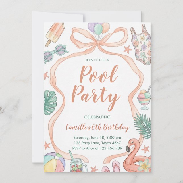 Invitation Fête d'anniversaire d'été pour fille Piscine (Devant)