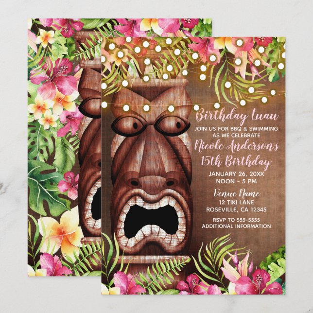 Invitation Fête d'anniversaire d'été Tiki Luau hawaïen en boi (Devant / Derrière)