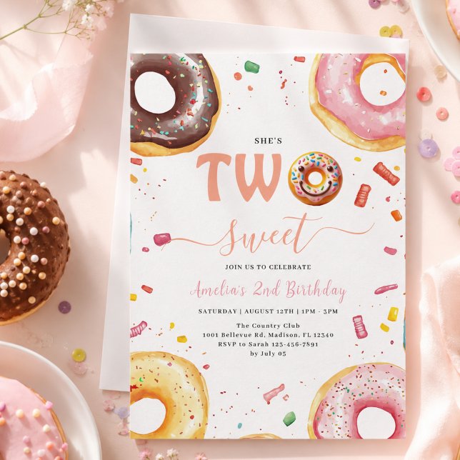 Invitation Fête d'anniversaire Deux Donuts Sucrés 2 ans (Two Sweet Donuts 2nd Birthday party Invitation)