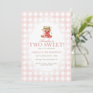 Invitation Fête d'anniversaire Deux Fraises Douces Gingham Ro