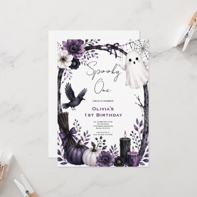 Invitation Fête d'anniversaire d'Halloween avec fantôme noir  (Devant/Arrière en situation)