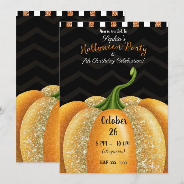 Invitation Fête d'anniversaire d'Halloween Citrouille Étincel (Devant / Derrière)