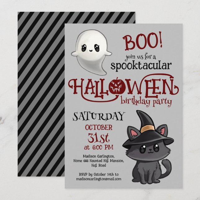 Invitation Fête d'anniversaire d'Halloween de chat mignon et  (Devant / Derrière)