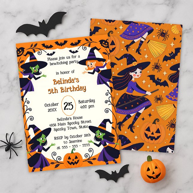 Invitation Fête d'anniversaire d'Halloween de sorcières migno (Créateur téléchargé)