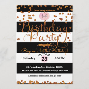 Invitation Fête d'Anniversaire d'Halloween noir blanc rose or
