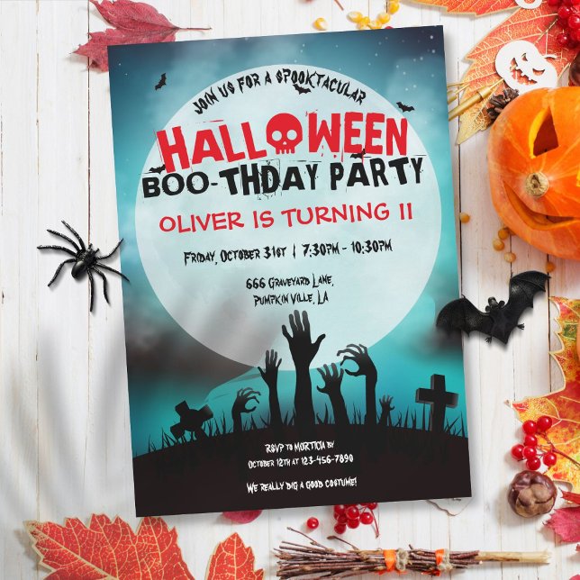 Invitation Fête d'anniversaire d'Halloween pour enfants avec  (Spooky Zombie Halloween Kids Birthday Party Invitation)