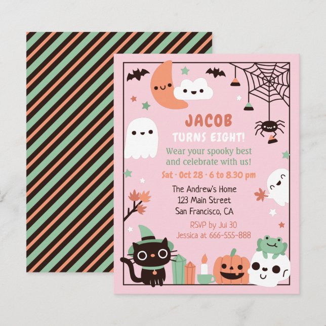 Invitation Fête d'anniversaire d'Halloween pour enfants migno (Devant / Derrière)