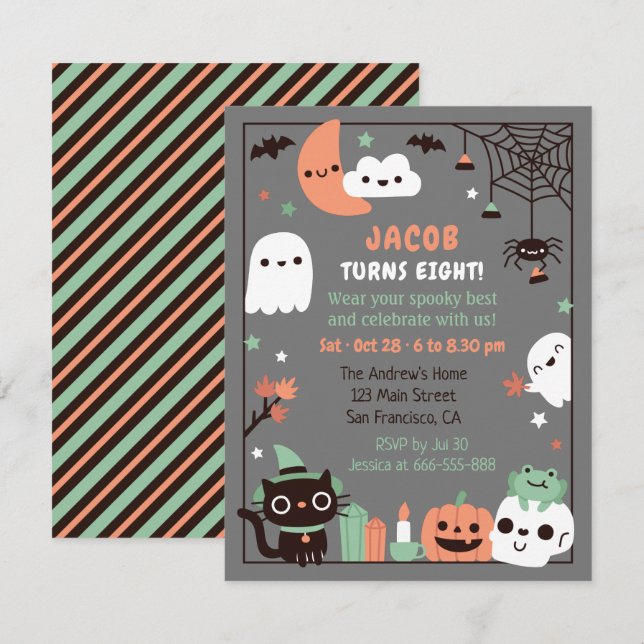 Invitation Fête d'anniversaire d'Halloween pour enfants migno (Devant / Derrière)
