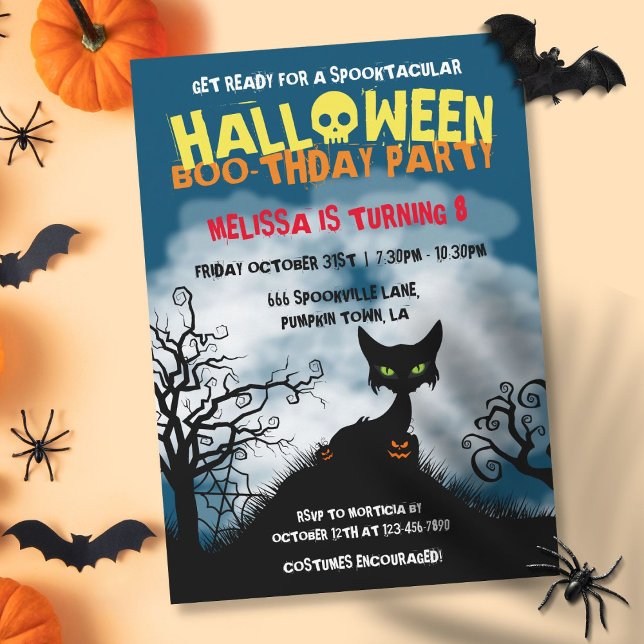 Invitation Fête d'anniversaire d'Halloween pour enfants Spook (Spooky Cat Halloween Kids Birthday Party Invitation)