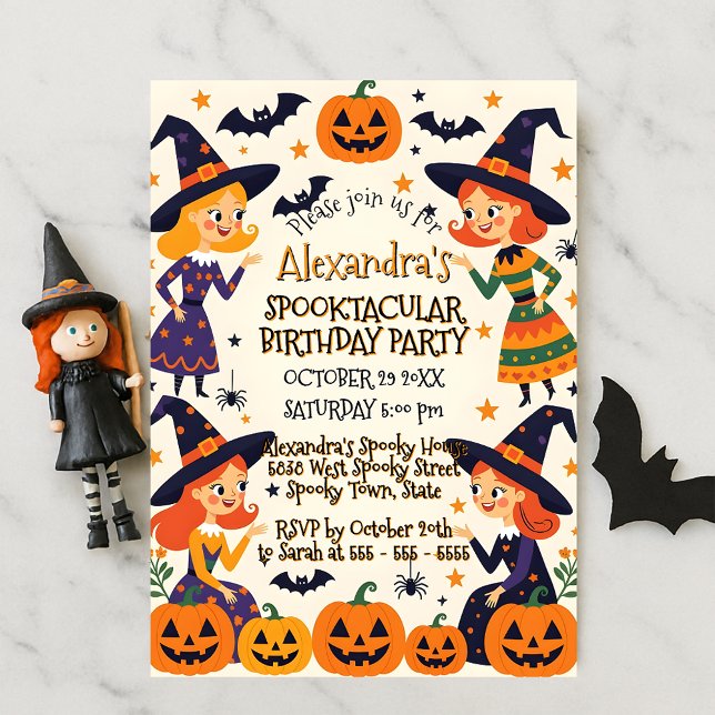 Invitation Fête d'anniversaire d'Halloween pour filles sorciè (Créateur téléchargé)