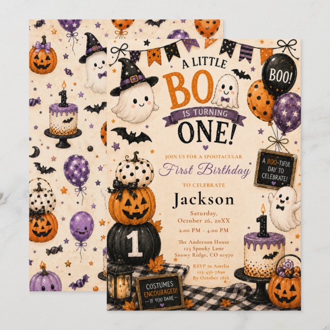 Invitation Fête d'anniversaire d'Halloween pour un an (Devant / Derrière)