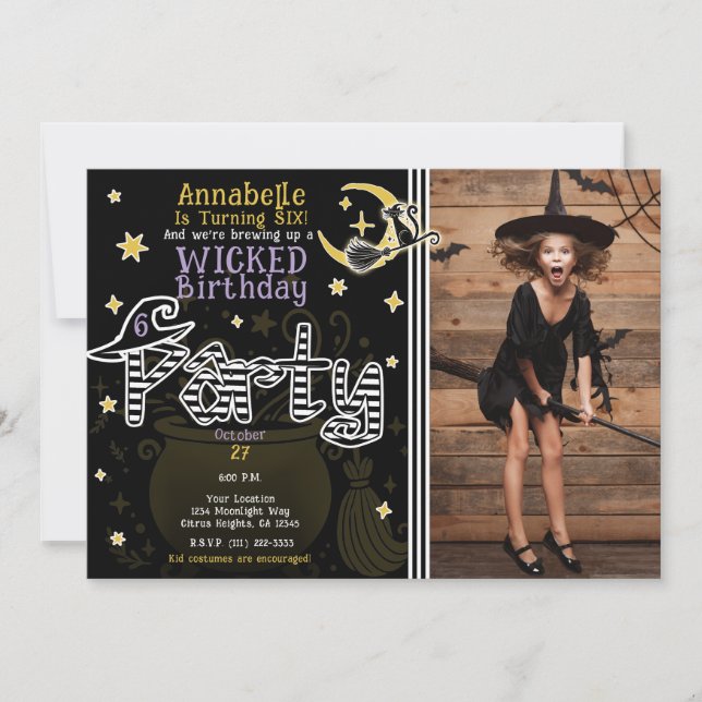 Invitation Fête d'anniversaire d'Halloween Sorcière Jaune et  (Devant)