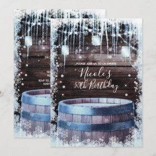 Invitation Fête d'anniversaire d'hiver avec tonneau en bois r