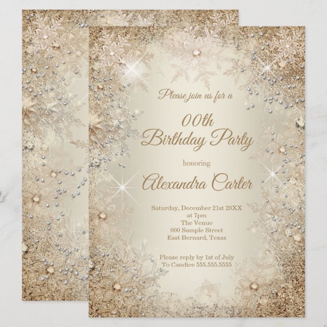 Invitation Fête d'anniversaire d'hiver Beige Crème Or Flocon  (Devant / Derrière)