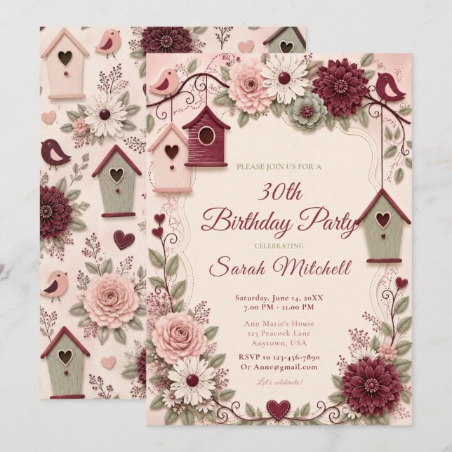 Invitation Fête d'anniversaire d'hiver Burgundy Blush (Devant / Derrière)