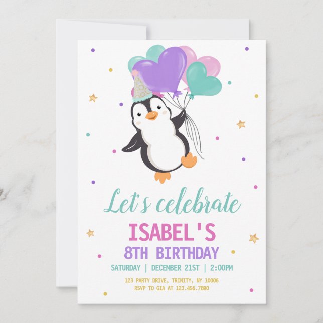 Invitation Fête d'anniversaire d'hiver de Girl Penguin (Devant)