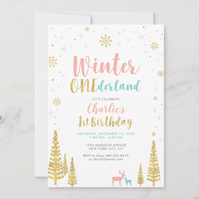 Invitation Fête d'anniversaire d'hiver Gold & Silver Onederla (Devant)
