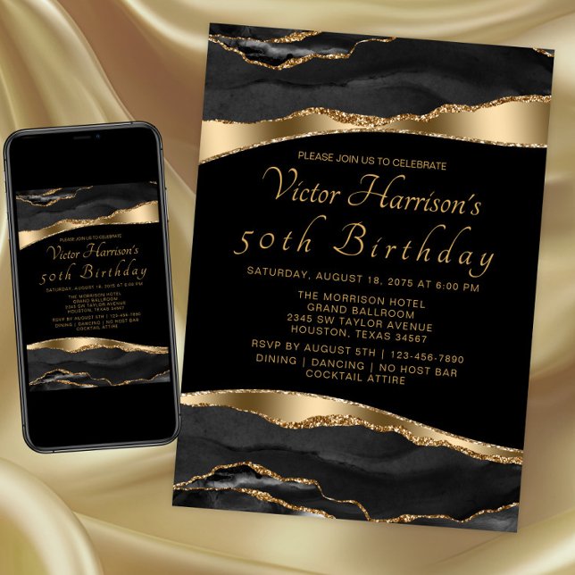 Invitation Fête d'anniversaire d'homme Agate Or Noir  (Black and gold any event invitation. Instant download and printed invitations available.)
