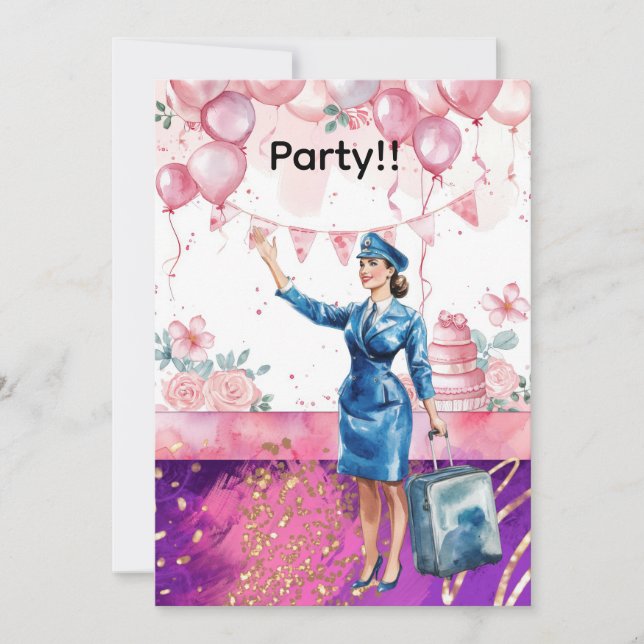 Invitation Fête d'anniversaire d'hôtesse de l'air  (Devant)