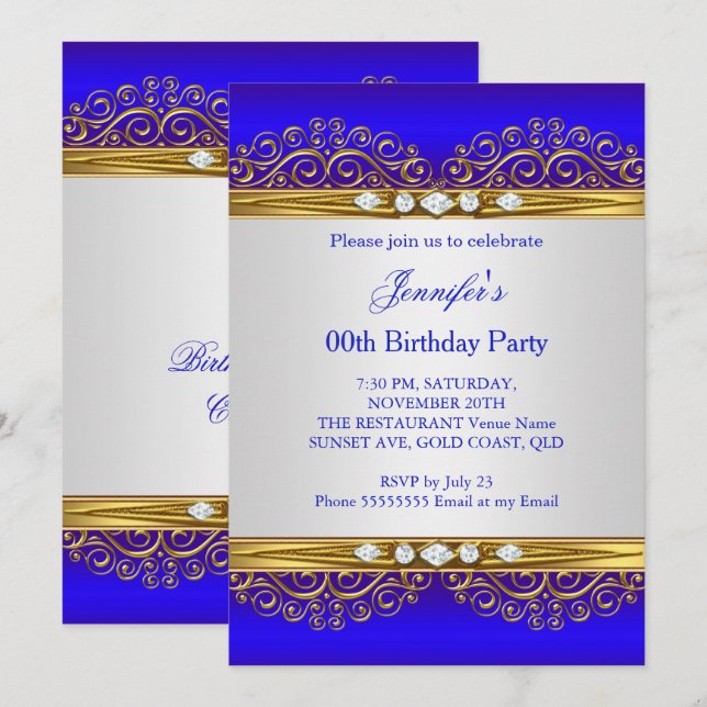 Invitation Fête d'anniversaire Diamant Blanc Or Bleu Royal (Devant / Derrière)