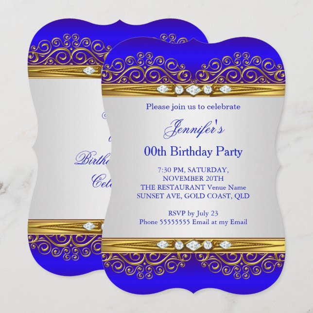 Invitation Fête d'anniversaire Diamant Blanc Or Bleu Royal (Devant / Derrière)