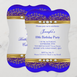 Invitation Fête d'anniversaire Diamant Blanc Or Bleu Royal