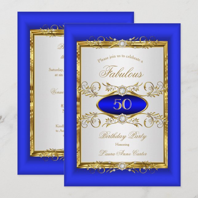 Invitation Fête d'anniversaire Diamant Blanc Or Bleu Royal (Devant / Derrière)