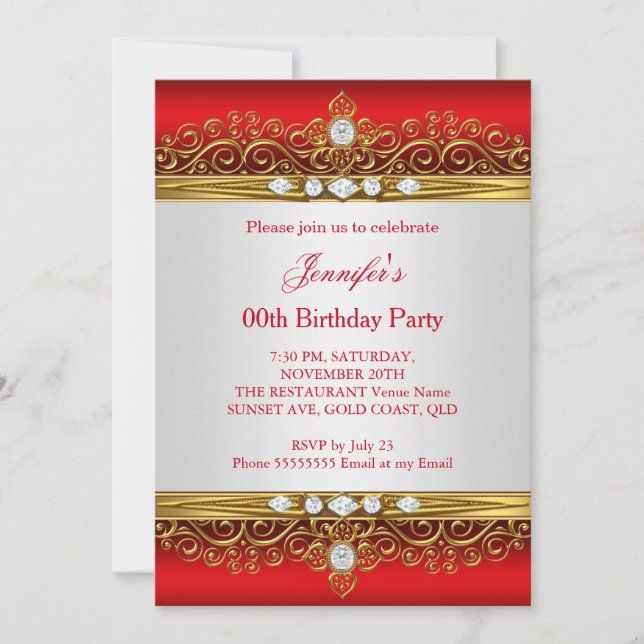 Invitation Fête d'anniversaire Diamant Blanc Or Rouge Royal (Devant)
