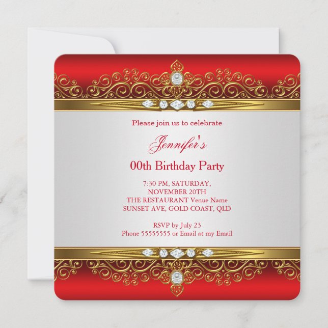 Invitation Fête d'anniversaire Diamant Blanc Or Rouge Royal (Devant)