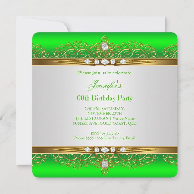 Invitation Fête d'anniversaire Diamant Blanc Or Vert Citron (Devant)