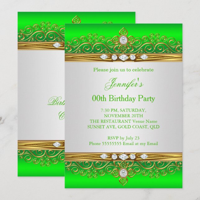 Invitation Fête d'anniversaire Diamant Blanc Or Vert Citron (Devant / Derrière)