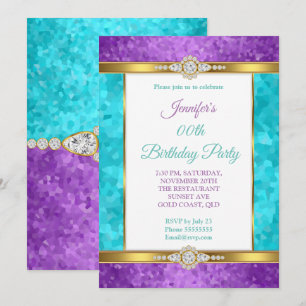 Invitation Fête d'anniversaire Diamant Or Bleu Turquoise Viol