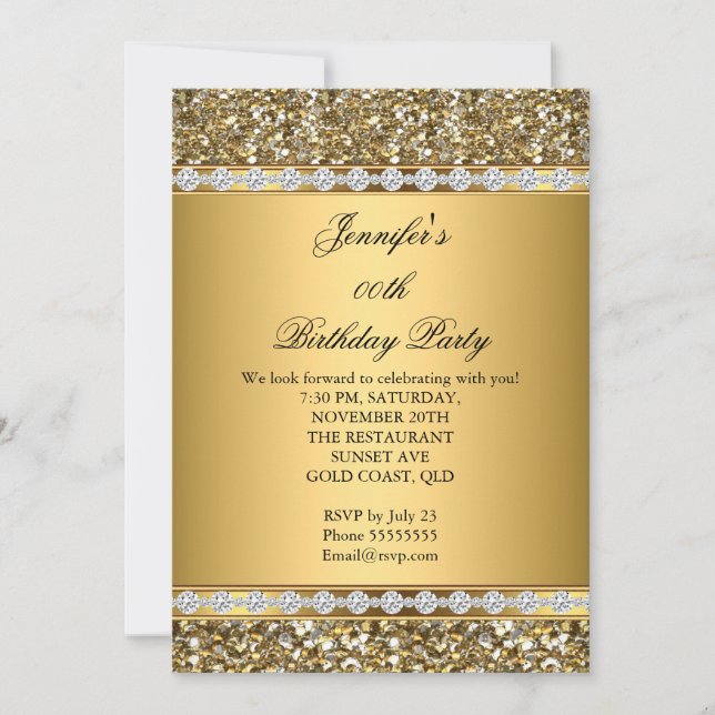 Invitation Fête d'anniversaire diamant paillettes dorées 2 (Devant)
