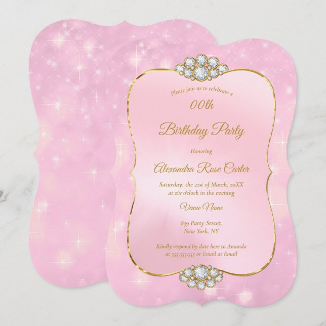 Invitation Fête d'anniversaire diamant rose or joli (Devant / Derrière)