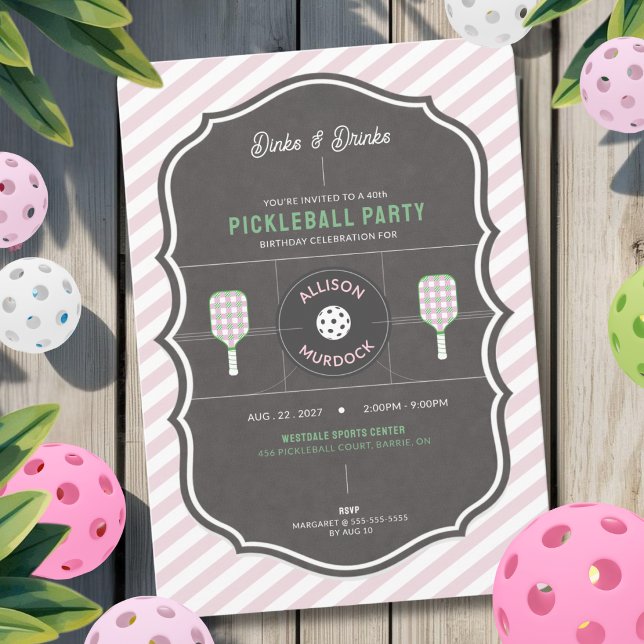 Invitation Fête d'anniversaire Dinks et Boissons Rose Parti d (Pink Pickleball Birthday Invitation for pickleball lovers)