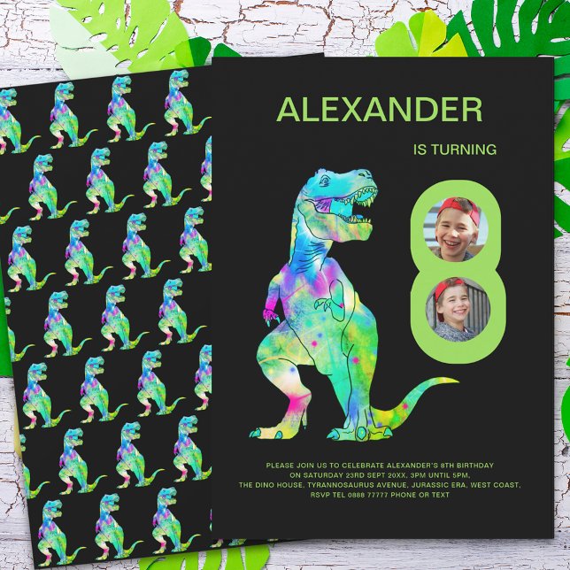 Invitation Fête d'anniversaire Dino (Dinosaur T-Rex boys 8th birthday party 2 photo collage green)