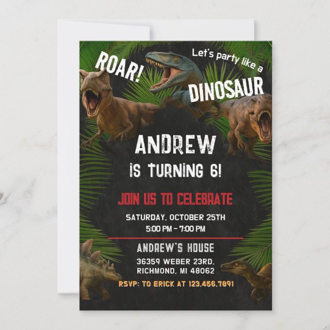 Invitation Fête d'anniversaire Dino Boy Dinosaur personnalisé (Devant)