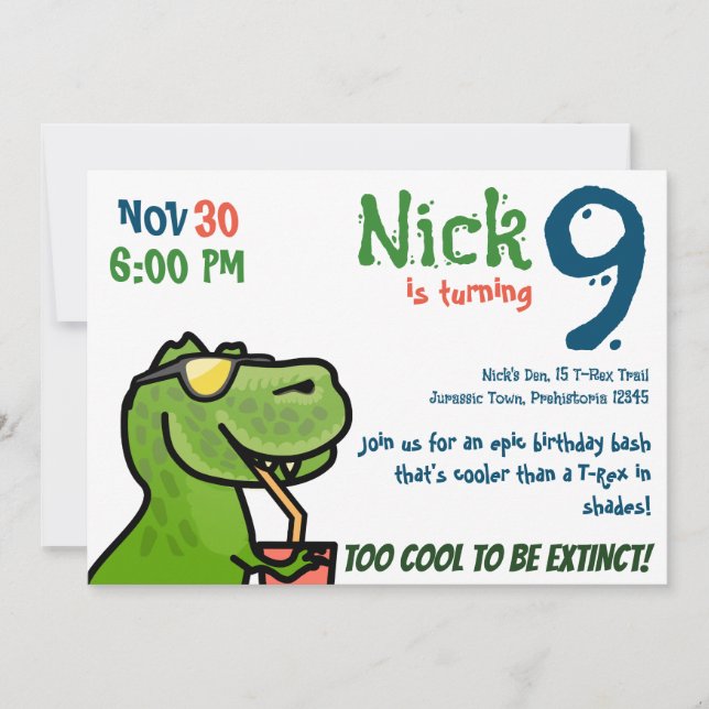 Invitation Fête d'anniversaire Dino la plus cool - T-Rex parf (Devant)