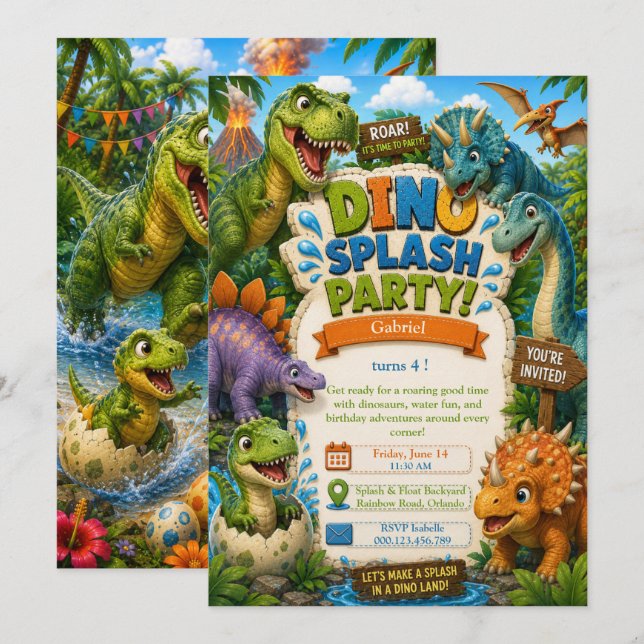 Invitation Fête d'anniversaire Dino Splash Party - Fête de pi (Devant / Derrière)